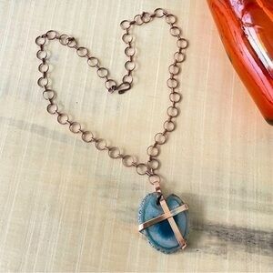 Handmade Copper Wrapped Agate Blue Green Pendant Necklace Chain Cross Artisan